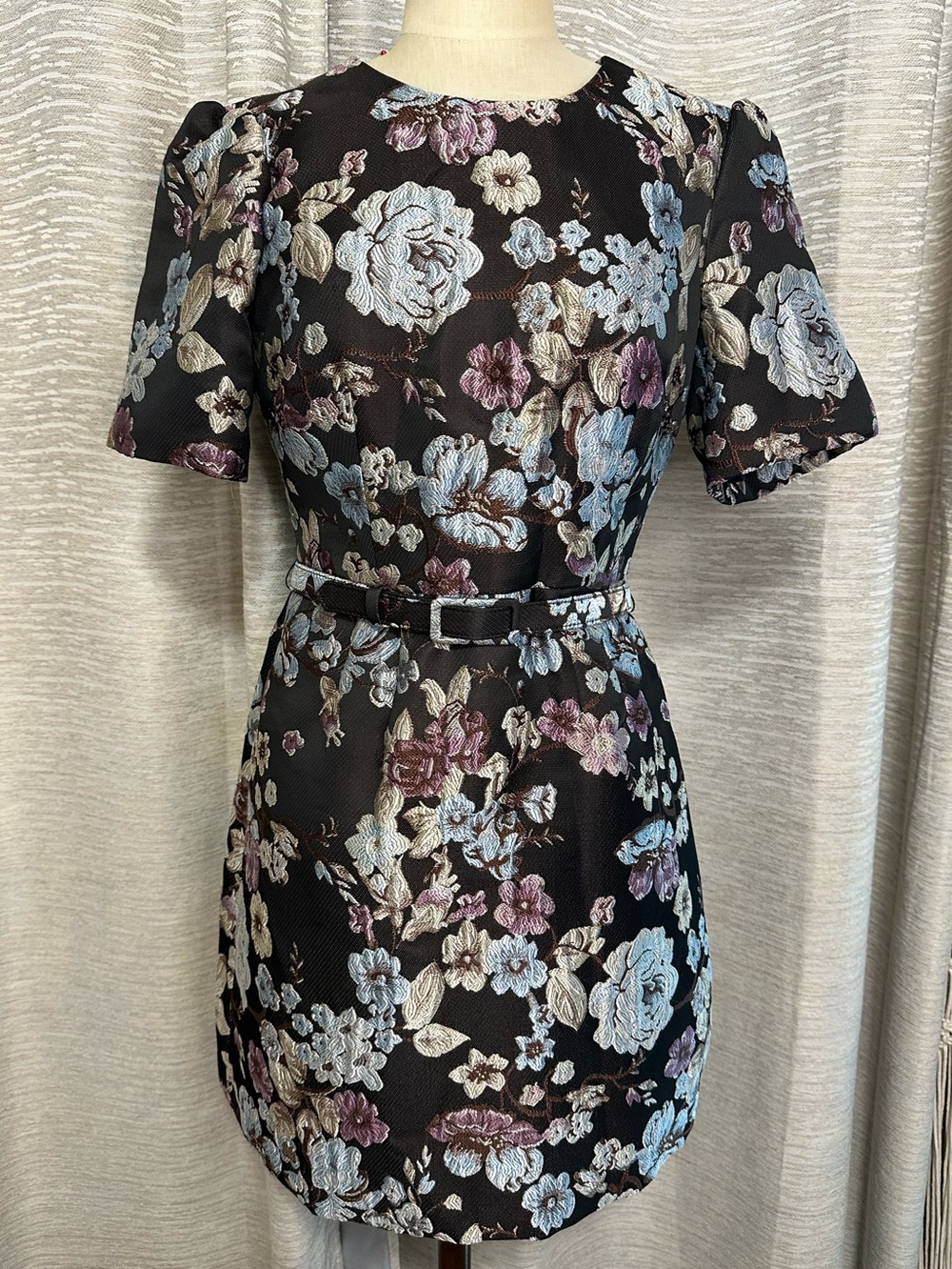 Gal Meets Glam Floral Jacquard Belted Mini Dress Black Blue 6P Petite